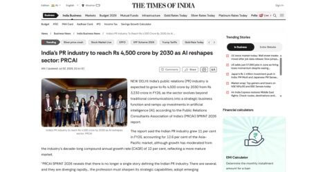 India's PR industry to reach Rs 4,500 crore by 2030 as AI reshapes sector: PRCAI
